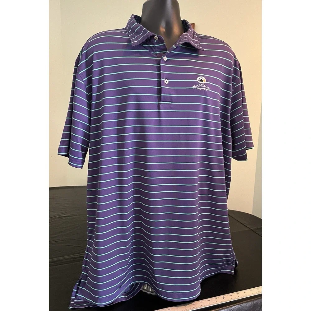 Peter Millar Polo Golf Shirt Mens XXL Bandon Dunes Purple Green Striped Collar